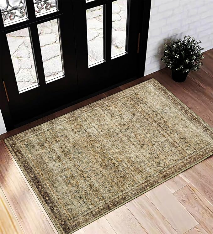 CHAMPLANT Area Rug 2x3 Washable Rug Door Mat Vintage Distressed Taupe Doormat Indoor Entrance Traditional Thin Floral Print Non Slip Carpet for Kitchen Bathroom Bedroom Living Room