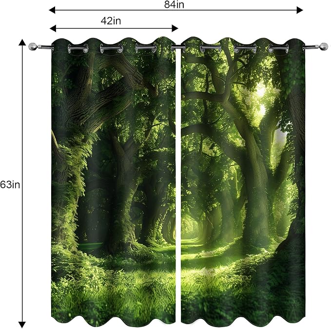 MissHope Green Tree Forest Blackout Curtains Wild Green Scenery Sunshine Decor for Bedroom Study Classroom Living Room Darkening Grommet Window Drapes 2 Panel Set, 42x63 Inch