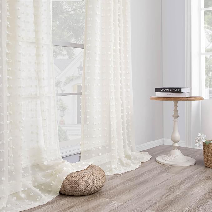 DANCURTON Cream Sheer Curtains for Bedroom Lightweight Unique Trendy Pom Pom Cute Curtains for Kids Girls Room Back Tab Modern Farmhouse Ivory Boho Sheer Drapes for Living Room 63 Inch Length 2 Panels