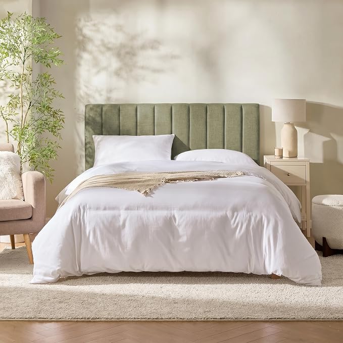 Hearth & Harbor Upholstered Twin Headboard - Easy Assemble Channel Stitched Headboard Twin Size - Wall Mounted Headboards with 3D Soundproof Wall Panels Peel & Stick Floating Headboards, Olive Green