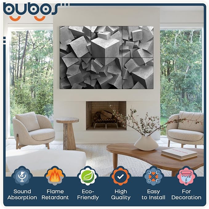 BUBOS 6 Pack Acoustic Wall Panels - High-Density Polyester Sound Absorbing Panels, Decorative Print Treatment for Recording Studio & Home Office, Peel and Stick, 23.6" x 23.6"
