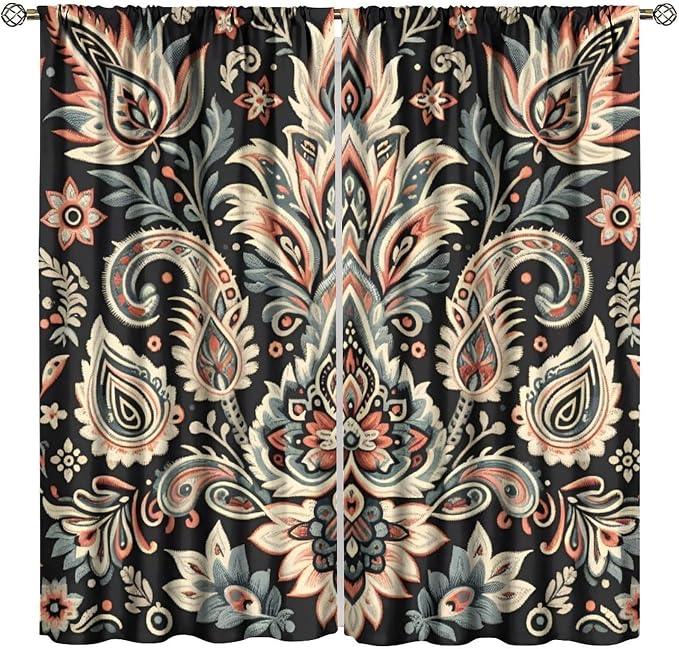 Vintage Floral Blackout Curtains, Bohemian-Style Natural Botanical Paisley Pattern Window Treatments for Bedrooms, Living Rooms, and Offices72X63 Inch