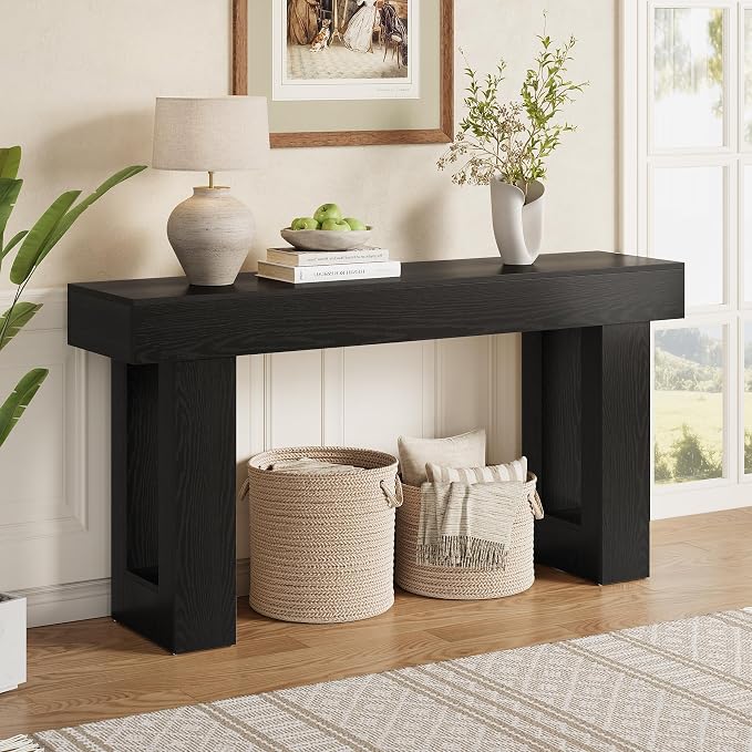 Little Tree 63-Inch Long Console Tables for Entryway, Large Sofa Table Behind Couch, Wooden Entry Foyer Hallway Table, Modern Console Sofa Tables for Living Room, Black