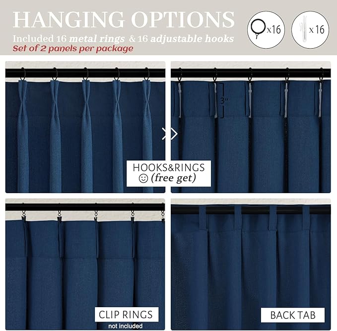 Pleat Sheer Denim Blue Curtains 84 Inch Length 2 Panels Set for Living Room, Elegant Pinch Pleated Textured Linen Drapes Light Filtering Boys Kids Room Window Burg with Hooks(40 x 84 Inches Navy Blue)