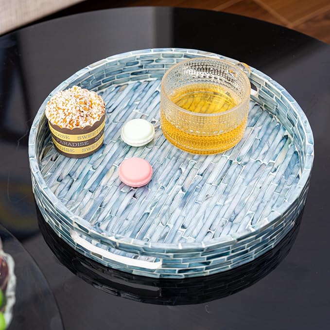 PEMAR 12.6” Mother of Pearls Lacquer Inlaid Round Serving Tray with Handles, Round Decorative Nacred Wooden Ottoman Coffee Table Tray (Blue Tiles)