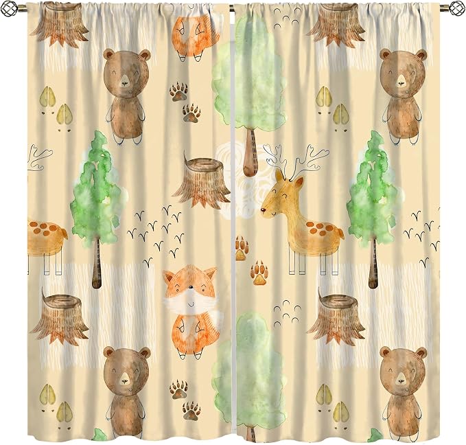 YCness Rustic Animal Curtains, Wild Forest Animal Bear Fox Deer Kids Window Treatments for Living Room Bedroom, Farmhouse Woodland Blackout Drapes 2 Panel Sets, 42x45 Inch, Style-4
