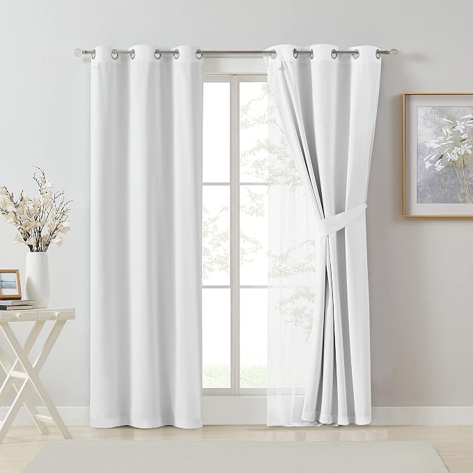 Bujasso White Full Blackout Curtain Panels with Sheer Overlay Mix and Match Double Layer Thermal Insulated Window Treatment Set for Living Room White Drapes with Tiebacks Grommet Top 37" Wx63 Lx2