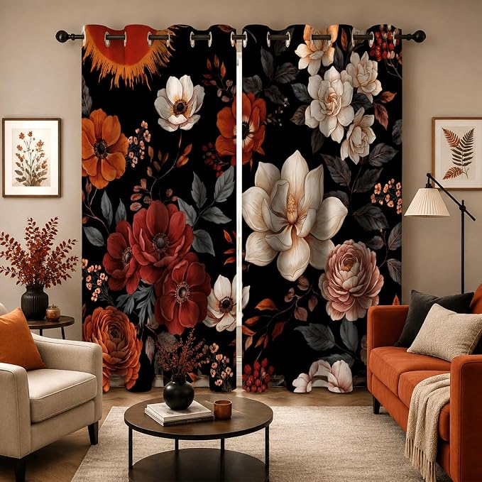iTapnoom Boho Floral Blackout Curtains for Bedroom, Vintage Botanical Flower Drapes Mid Century Window Curtains Darkening Thermal Insulated Grommet for Living Room Bedroom Decor 2 Panels 52x84 Inches