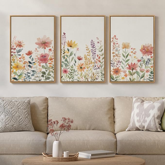 Framed Watercolor Botanical Wall Art for Bedroom, 3 Piece Colorful Floral Canvas Artwork for Walls, Large Farmhouse Wildflower Flower Prints Paintings for Living Room Entryway Wall Decor 16x24 Inch