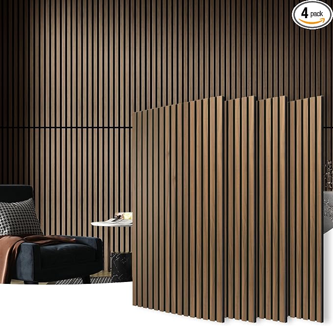 Art3d 4 Pack 47.2 x 23.6in. Wood Slat Acoustic Panels for Wall and Ceiling - 3D Fluted Sound Absorbing Panel with Wood Finish - Walnut