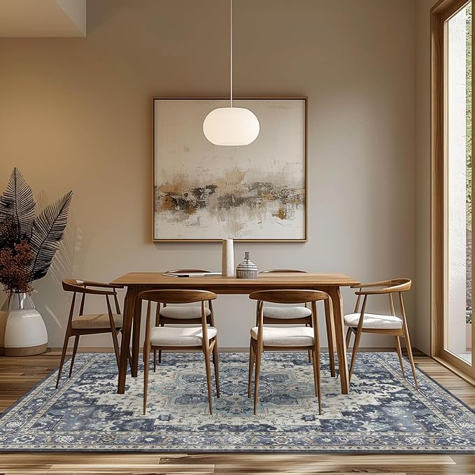 GENIMO 10x14 Area Rugs for Living Room, Machine Washable Non Slip Vintage Rugs, Low Pile Lightweight Print Rug for Bedroom, Dining Room, Home Office, Center Blue