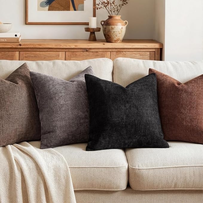MIULEE Pack of 2 Decorative Throw Pillow Covers Soft Chenille Throw Pillows Solid Textured Euro Cushion Covers for Couch Sofa Bedroom Living Room 22x22 Inch, Black