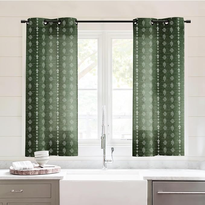 Bathroom Curtains Window,Boho Sheer Dark Olive Green Short Curtain for Bedroom 45 Inch Length