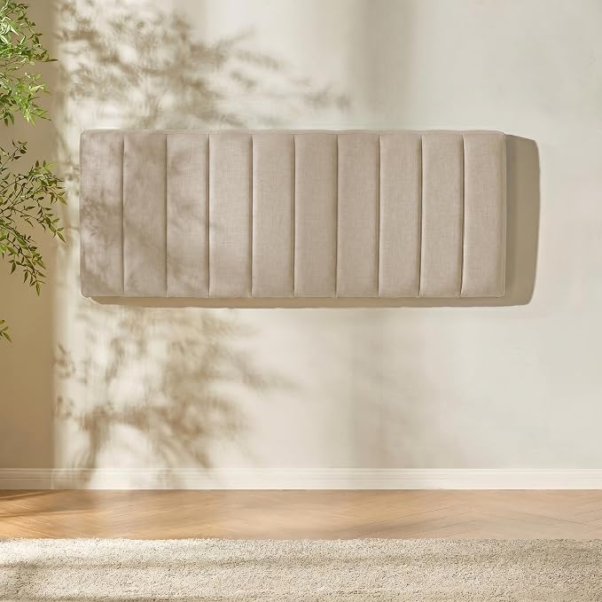 Hearth & Harbor Upholstered Full Headboard - Easy Assemble Channel Stitched Headboard Full Size - Wall Mounted Headboards with 3D Soundproof Wall Panels Peel & Stick Floating Headboards, Beige