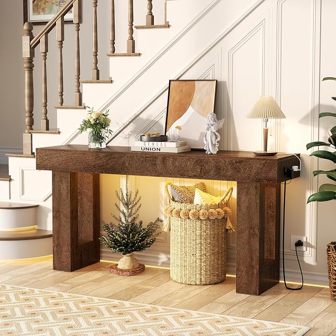 Unikito 63'' Farmhouse Console Table with Power Outlets and Sensor Light, Wooden Entryway Table with Storage, Rectangular Sofa Tables Behind The Couch for Entrance, Hallway, Living Room,