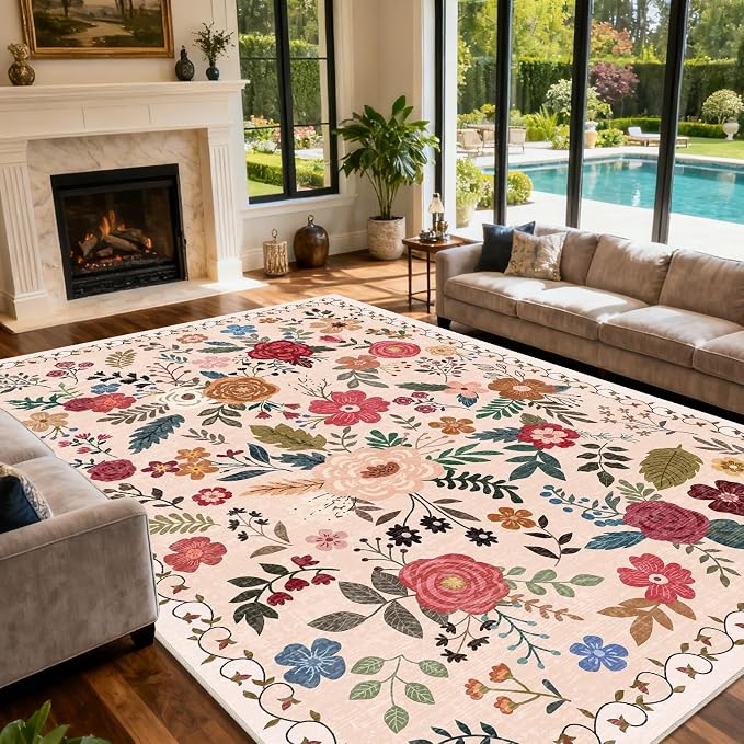 Extra Large 10x14 Area Rug for Living Room, Washable Rugs for Dining Room, Bedroom, Non Slip Stain Resistant Carpet, Low Pile Vintage Floral Rug (Beige Red)