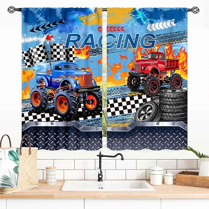 Truck Curtains for Boys Room, Cool Banner Burning Flame Car Cartoon Monster Racing Theme Window Drapery Treatments for Boys Kids Bedroom Living Room Playroom Nursery 2 Panels, 55x39 Inch