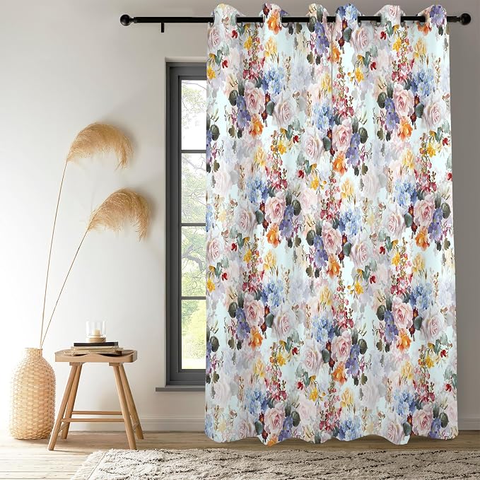 Renaiss Flower Blossom Curtains Watercolor Floral Painting Thermal Insulated Window Curtains for Living Room Bedroom Blackout Window Drapes Grommet Top 29W x 45L Inch 2 Panel Set