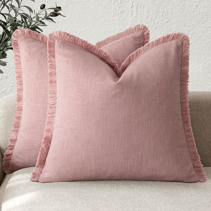 Foindtower Set of 2 Decorative Linen Fringe Throw Pillow Covers Cozy Boho Farmhouse Cushion Cover with Tassels Soft Accent Pillowcase for Couch Sofa Bed Living Room Home Decor,26×26 Inch,Rose Pink