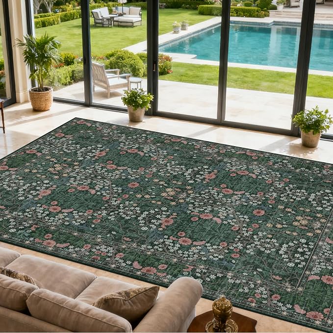 Vintage Green Living Room Rug, 9x12 Washable Area Rugs for Dining Room Under Table, Soft Low Pile Large Carpet Bedroom, Non-Slip Boho Floral (9 x 12 Green)