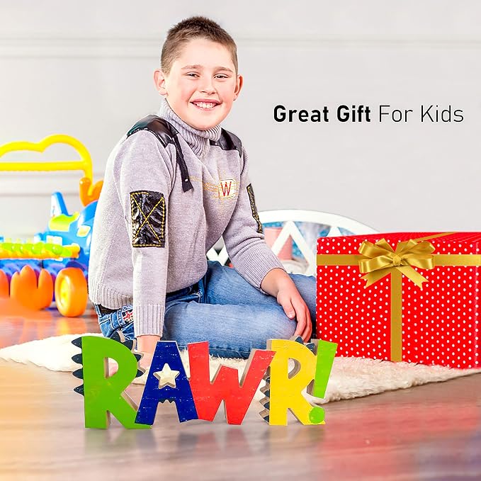 Rawr Dinosaur Room Wood Decor for Boys - Kids Decorations for Bedroom - Boys Nursery Room Wooden Wall Decor, Birthday Decoration Dinosaur Theme - Freestanding Multicolor Tabletop 13.7"