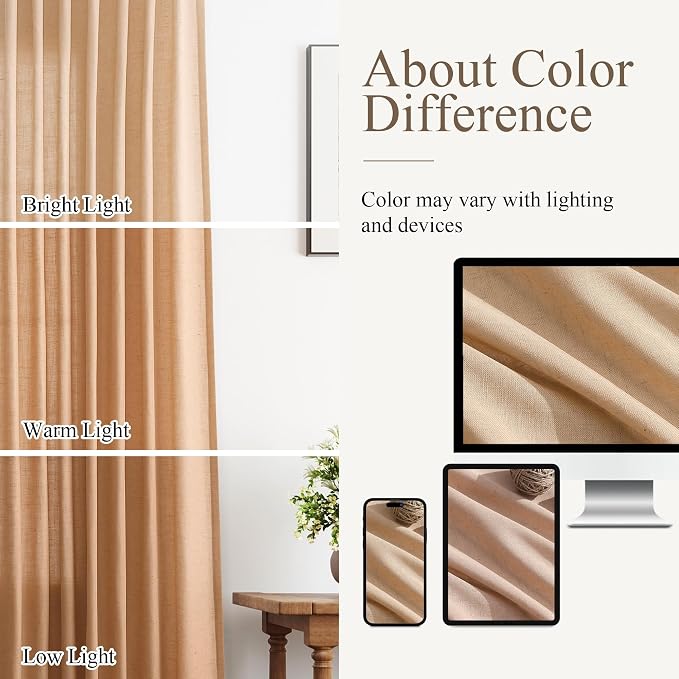 Aersas 102 Inches Camel Linen Curtains for Living Room Bedroom Semi Sheer Privacy Cotton Textured Drapes Light Filtering Sliding Glass Door Curtain Farmhouse Rustic Decorations 52x102