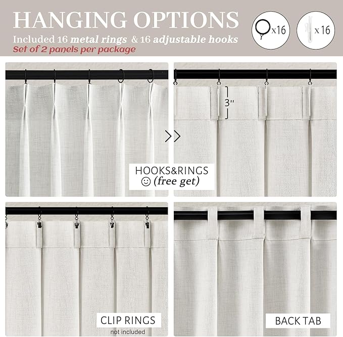 PleatedDrapes 102 Inch Long Curtains for Living/Dining Room, Elegant Pinch Pleated Linen Curtain 102 inches Light Filter Privacy That Let Light in Cortinas para Sala Modernas 2 Panels Set Beige White
