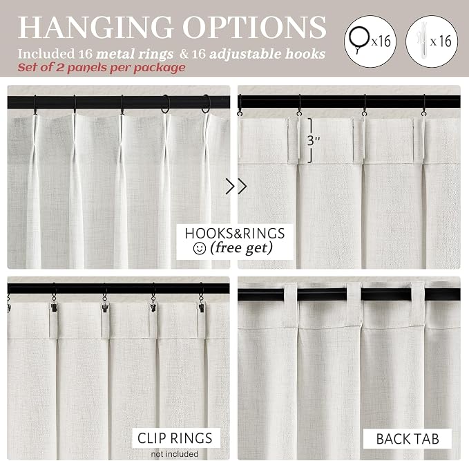 PleatedDrapes Extra Long 120 Inch Curtains,Thick Linen Lush Decor Sheer Pleated Drapes 2 Pages Viral Curtain with Hooks 10 ft Floor Length Back Tab for Living Room Light Filtering W40 xL120 x2 Panels