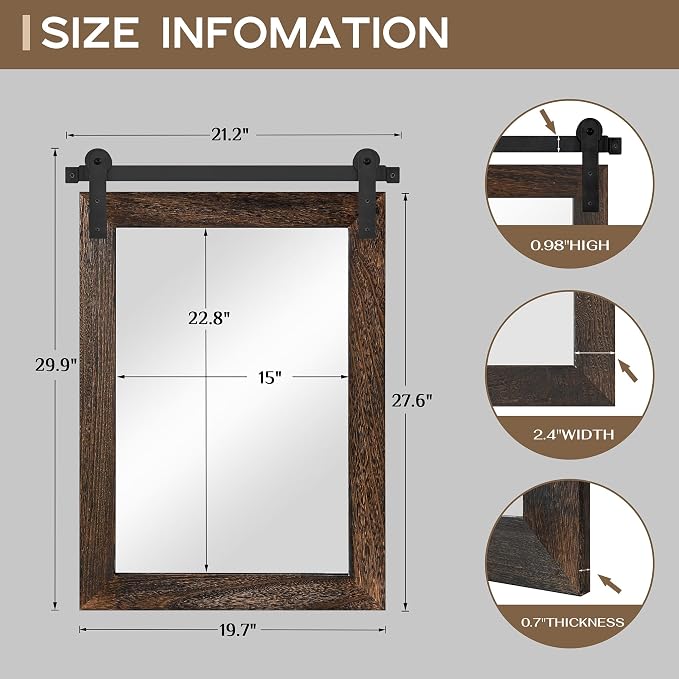 COGOOD Farmhouse Barn Door Mirror - 22" x 30" Rustic Wood Framed Wall Mirror for Bathroom, Living Room, Entryway Wall Decor (Black Brown)