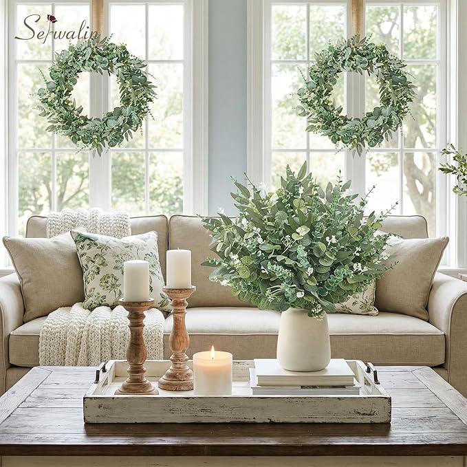 Serwalin 70pcs Artificial Mixed Eucalyptus Stems Leaves Bulk, 4Kinds Fake Greenery Silver Dollar Eucalyptus Leaves Picks,Faux Greenry Stems Sprays for DIY Bouquets Floral Arrangement Home Decor