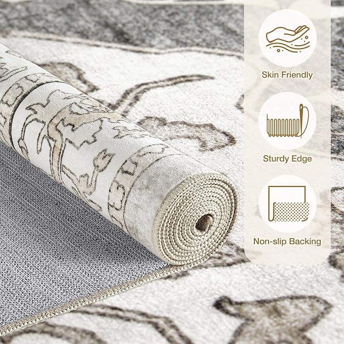 cotiled 8x10 Area Rug Machine Washable Vintage Carpet for Living Room Bedroom Soft Non-Slip Backing Floor Mat Kid & Pet Friendly Stain Resistant Light Brown