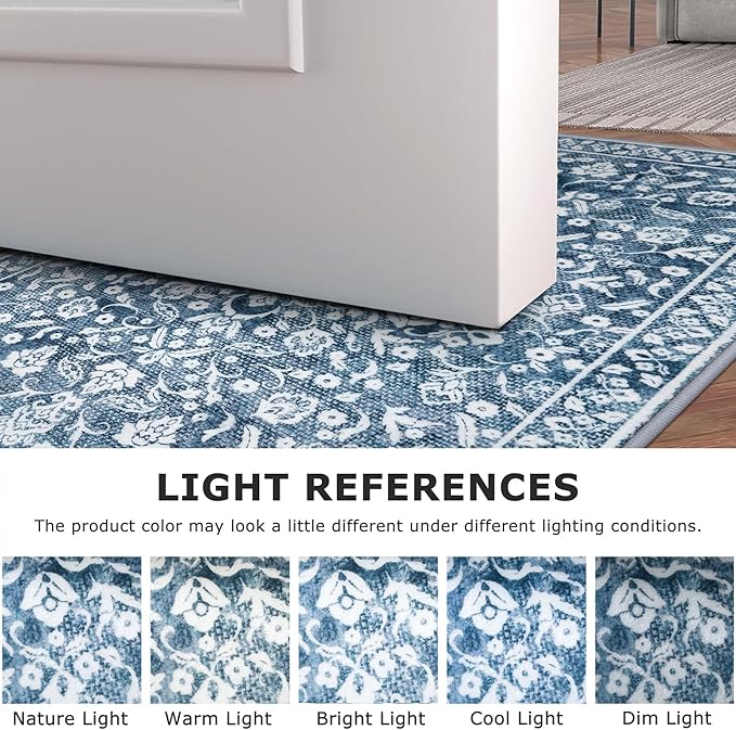 Vintage 2x7 Runner Rug, Blue and White Washable Runners for hallways, Super Soft Kitchen Runner Rug Non Slip, Print Faux Wool Floral Thin Carpet Runner for Entryway Indoor Bedside Runner