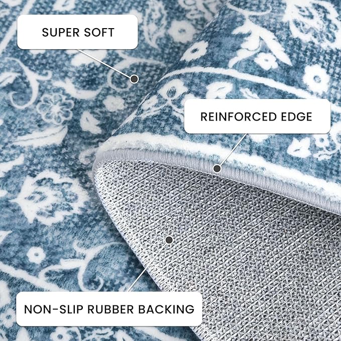 Vintage 3x5 Washable Rug for Entryway, Super Soft Blue and White Entryway Rug Non-Slip, Printed Faux Wool Floral 3x5 Area Rug Thin Floor Carpet for Kitchen, Bedroom, Office, Living Room