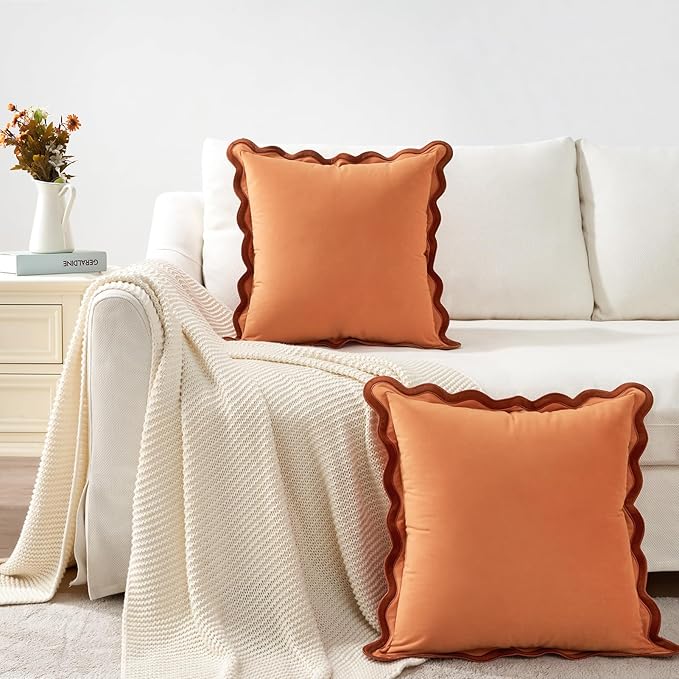 MONDAY MOOSE Decorative Throw Pillow Covers Cushion Cases, Set of 2 Soft Velvet Scalloped Wavy Edge Designs, Mix and Match for Home Decor, Pillow Inserts Not Included (20x20 inch, Rust/Coral)