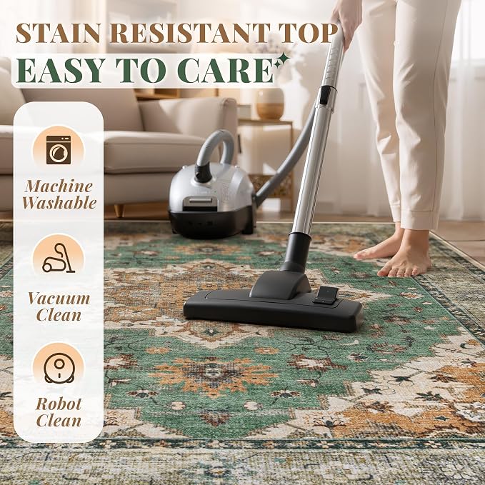 Area Rug 8x10 Vintage Rug: Large Washable Indoor Medallion Rugs Low Pile Distressed Floor Carpet Retro Accent Rug for Living Room Bedroom Kitchen Dining Table Home Office(Brown Green, 8'x10')