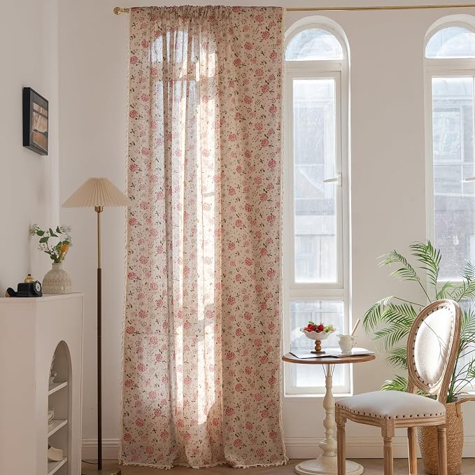 OYX Boho Curtains 63 Inch Length 2 Panels for Living Room, Bedroom Light Filtering Drapes, Farmhouse Vintage Country French Rustic Tassels Pattern Rod Pocket Aesthetic Decor Window Treatments