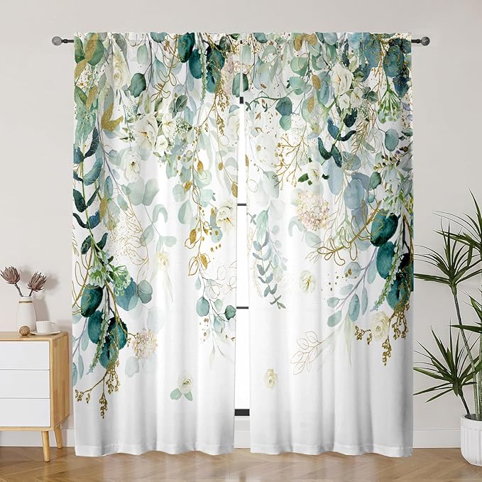 Green Eucalyptus Leaves Curtains 63 Inch Length 2 Panels, Elegant Wild Flower Floral Light Filtering Bedroom Living Room Kitchen Curtain for Small Window, Sage Green Drapes Rod Pockets, 42x63 Inches