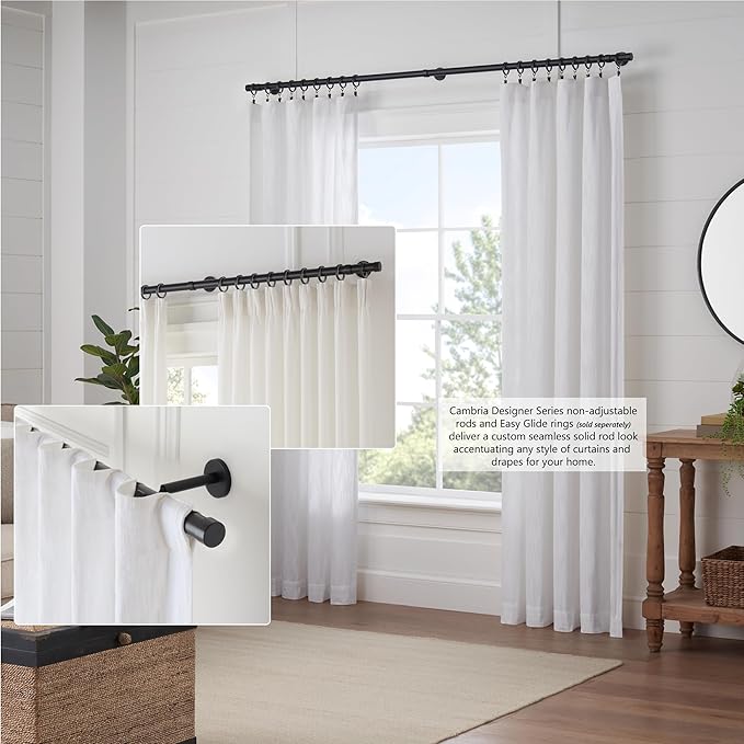 MODE Cambria® Designer Series - Premium 7 foot Custom Curtain Rod - 1-1/8 inch Large Diameter - Non-Adjustable for a Seamless Look - Premium Designer Brackets and End Caps - Satin Black Finish