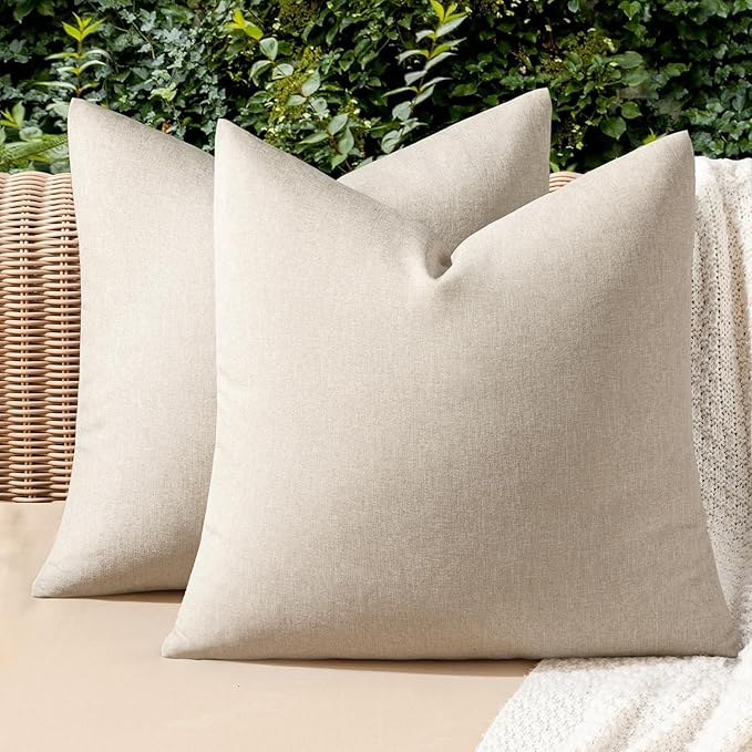 MIULEE Pack of 2 Decorative Outdoor Solid Waterproof Throw Pillow Covers Faux Linen Garden Farmhouse Cushion Cases for Patio Tent Balcony Couch Sofa 20x20 Inch Beige