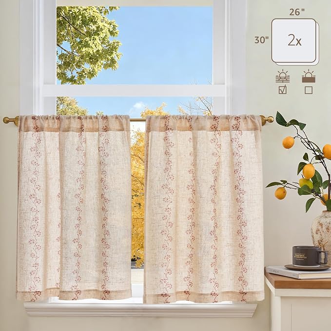 jinchan Katy Linen Floral Kitchen Curtains 30 Inches Length Stripe Cafe Curtains Farmhouse Cottagecore Tier Small Window Drapes for Living Room Light Filtering Rod Pocket 2 Panels Terracotta on Linen