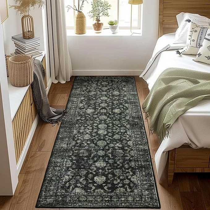 FROZZUR 2x6 Boho Green Runner Rug Vintage Farmhouse Hallway Entryway Rugs for Kitchen Bedroom Non Slip, Washable Boho Carpet for Home Decor Green