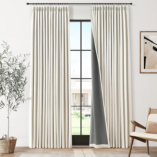 Joywell Pinch Pleated 100% Blackout Linen Curtains 92 Inches Long 2 Panels Set Thermal Insulated Natural Linen Pleat Curtains for Bedroom Living Room Neutral Cream Pleated Drapes with Hooks 40x92