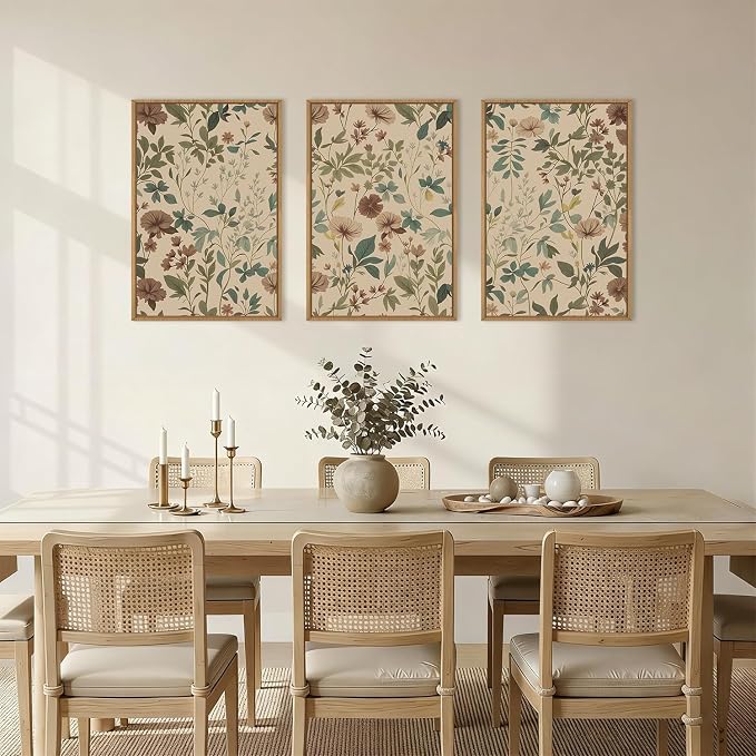 Vintage William Morris Botanical Wildflower Framed Canvas Wall Art Set,Minimalist Neutral Taupe Muted Floral Wall Decor,Boho Nature Botanical Artwork for Living Room,Bedroom,Farmhouse-16"x24"x3