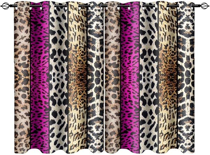 Wild Animal Print Curtain, Room Darkening Thermal Insulated Blackout Leopard Boa Window Drapes with Grommets for Living, Dining, Bedroom, Hot Pink Leopard Print, 52"x 36", 2 Panels