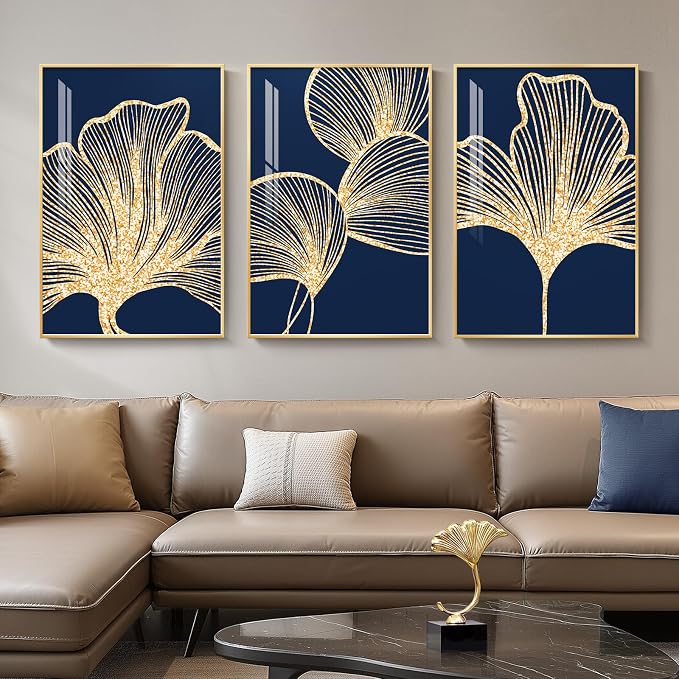 Framed Modern Luxury Wall Art for Living Room, Large Navy Blue and Gold Ginkgo Leaf Artwork for Walls, 3 Piece Contemporary Bright Style Floral Prints for Bedroom Office Hallway Wall Decor, 24x36 Inch