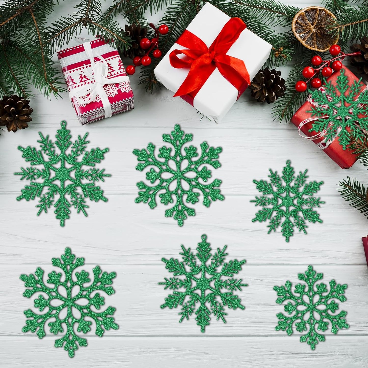 Dark Green Christmas Snowflake Ornaments- 36Pcs Plastic Glitter Hanging Snow Flakes for Christmas Tree Decorations Winter Wonderland Frozen Birthday Party Holiday Home Decor Craft Snowflakes