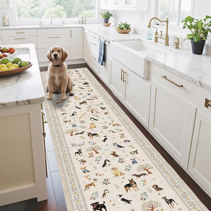 Dog Rug for Hallways Kitchen Rug 2x8, Non Slip Washable Rugs with Rubber Backing Soft Floral Dog Carpet Runner for Hallways, Kitchen, Laundry, Bedroom, Bathroom (2 x 8, Beige)