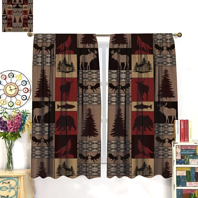 Retro Animal Blackout Curtains for Kitchen Rural Retro Old Forest Hunting Cabin Farmhouse Deer Elk Wolf Bear Wildlife Vintage Windows Treatments for Bedroom Living Room 42x45in
