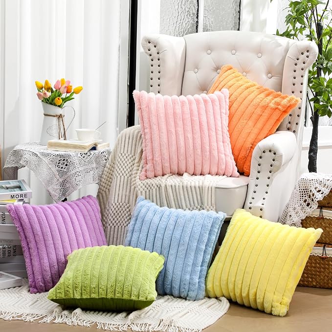 Mixweer 6 Pcs Back to School Faux Fur Plush Throw Pillow Covers 18x18 Inch Pastel Soft Fluffy Striped Decorative Pillow Covers with Velvet Back for Sofa Couch Cushion Bedroom, Home Classroom Decor