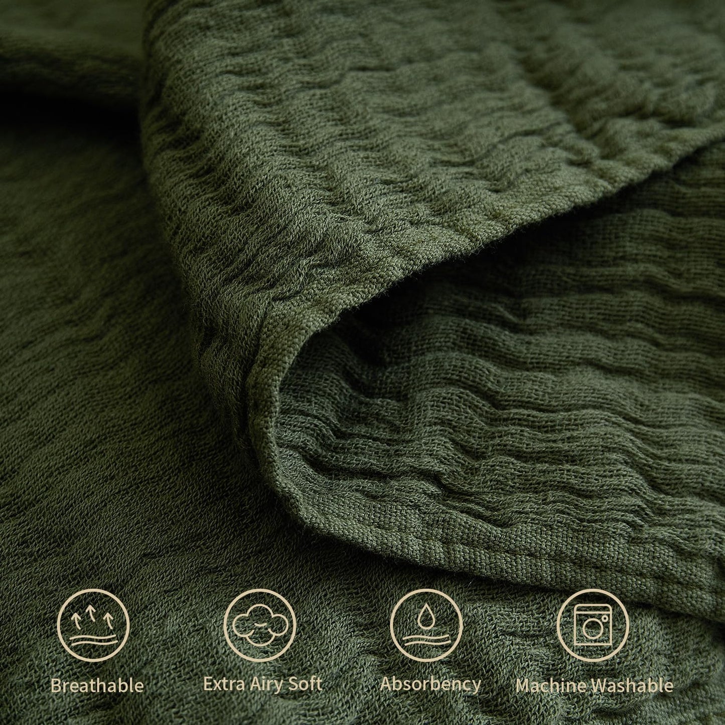 100% Cotton Muslin Throw Blanket for Bed, Couch, Small, Decorative, Soft, Pre-Washed, Breathable and Lightweight Gauze Blanket with Tassels, Suitable for All Seasons, Olive Green, 50"x60"